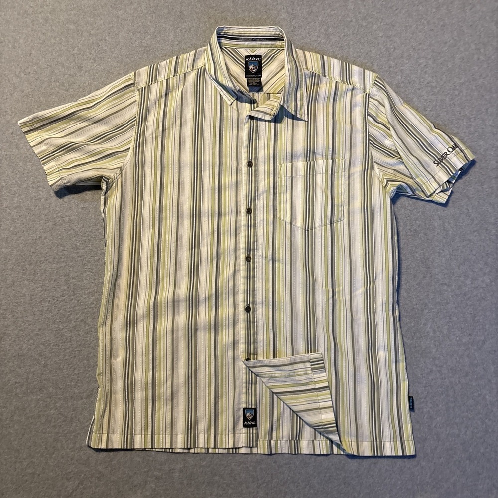 KUHL Men's Short Sleeve Button Up Sz M Silver Oak Striped White Green Gray